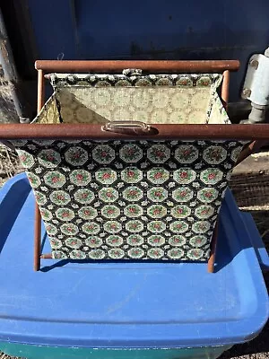 Vintage MCM Yarn Caddy Cloth Bag Folding Wood Frame Sewing Knitting Craft Basket • $15.60