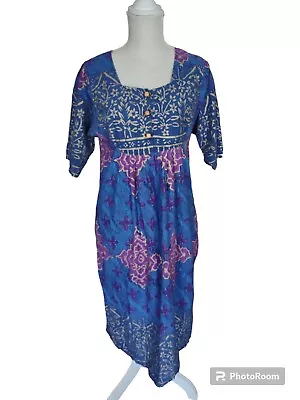 Vintage Sante Classics Cotton Mumu House Dress Size Med Batik Blue Gold Purple • $25