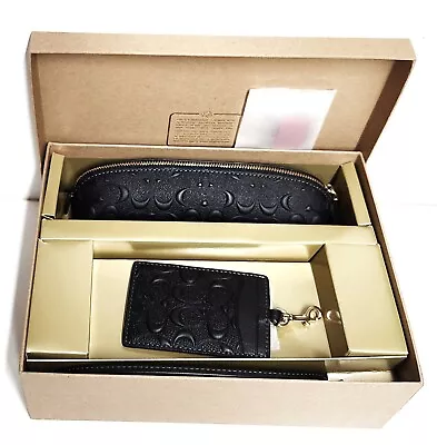 Coach Boxed Zip Pencil Case And ID Lanyard Set Gold Black Embossed Leather NIB • $119