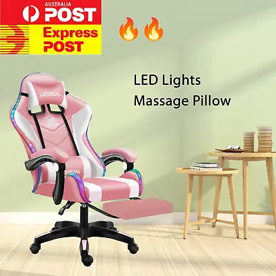$199.95 • Buy LED Lights Rim Massage Pillow Pink Ergonomic PU Leather Gaming Chair W/Footrest 