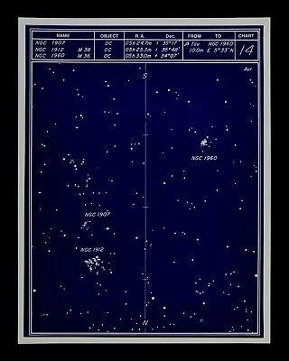 Astronomy Deep Sky Star Chart No 14 Constellation Auriga Open Clusters Sarna Map • $9.99