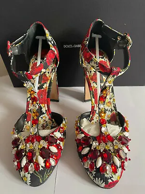 £350 • Buy DOLCE & GABBANA Embroidered Floral Print Crystal T-bar Pumps Shoes IT37.5 UK4.5