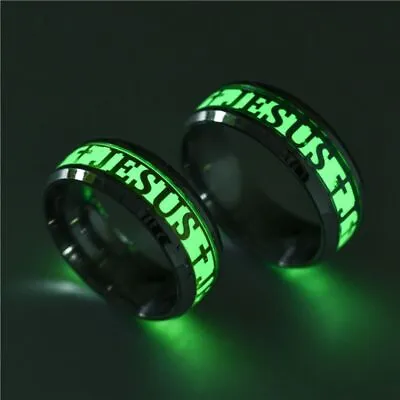 Luminous Jesus Cross Christian Letter Men Ring Glow In The Dark Titanium Steel • $6.79