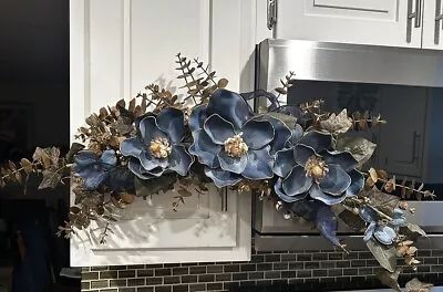 Home Interiors Blue Magnolia And Gold Eucalyptus Swag • $49