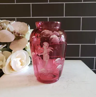 Antique Mary Gregory Cranberry Glass Vase W/Hand Painted Cherub Scene • $40