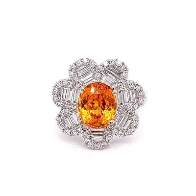 4.83 CTW Mandarin Garnet Diamond Gold Flower Ring In 18k White Gold ON SALE!!! • $6250