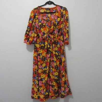 $44 • Buy ASOS Womens Dress Size 16 Orange Yellow Floral Midi Tie Front V-neck Button Down