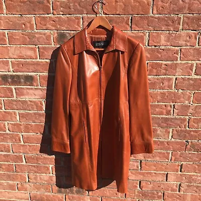  LINDA ALLARD ELLEN TRACY Burnt Orange Soft Leather Blazer Jacket Size 6 Read • $59