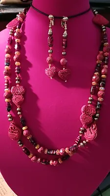 Coral Murano Glass Beads Cinnabar Hearts Dragon DOUBLE Strand Necklace • $488