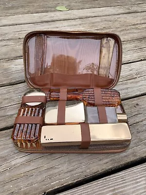 9 PCs—VINTAGE Mens Vanity Travel Toiletry Grooming Set Kit Cowhide Leather Case • $15.99