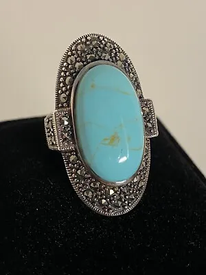 HUGE Vintage Turquoise And Marcasite Sterling Statement Ring Size 6 3/4 Signed • $33