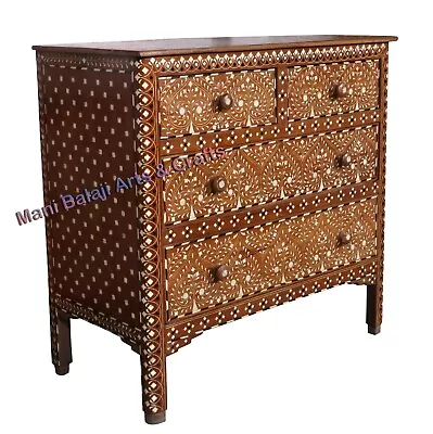 Handcrafted Vintage Bone Inlay Teak Chest Drawers Mid-20th Century Indian Decor • $2535