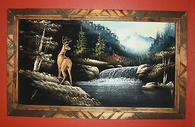 Vtg Mountainside Buck Deer River Trees Velvet Painting Carved Wood Frame Mexico • $45