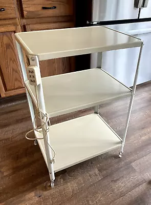 Vtg. Retro Beige & White 3 Tier Utility Metal Rolling Table Cart W/Electric Plug • $89.95