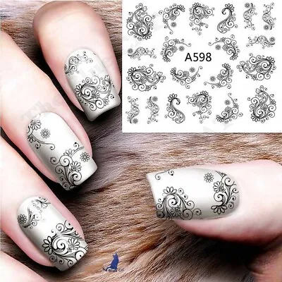 Nail Art Stickers Water Decals Transfers Black Flowers  Lace Floral- NEW 2021 • £1.75
