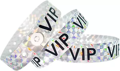 Holographic VIP Plastic Wristbands Silver - 100 Pack Vinyl Wristbands For Events • $20.49