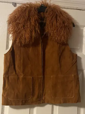 NWT OUTERWEAR BY LISA LINED VEST JACKET 100% Suede Cognac Removable Shag Fur Lg • $34.99