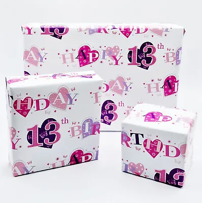 2 Sheets 13th Birthday Girl Wrapping Paper Age 13 Heart Shapes Giftwrap (PA-W30) • £2.49