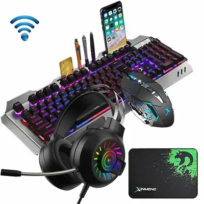 Wireless RGB Backlit Gaming Keyboard Mouse And Wired Headset And Mat For PC PS4 • $88.21