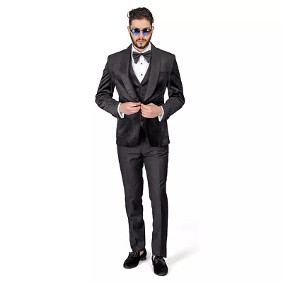 BLACK Shawl Lapel VELVET 3Piece Vested Slim Fit Tuxedo 1Button Black Pants AZAR  • $119