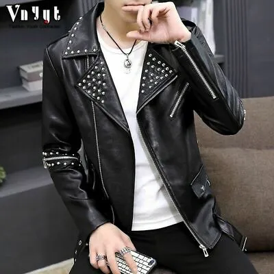 Mens Leather Jacket Rivet Punk Zipper Lapel Motorcycle Metallic Casual Slim Fit  • $71.78