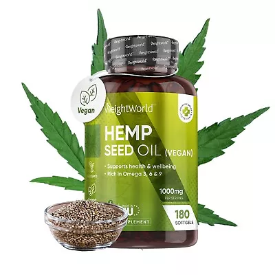 Hemp Oil - 180 Softgels - Vegan Omega 3 - Omega 6 9 - As A Drink / A Massage Oil • £16.99