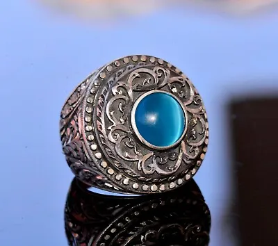 Sterling Silver Ring Cats Eye Blue Stone Steel Pen Craft Handmade Ring • $189.05