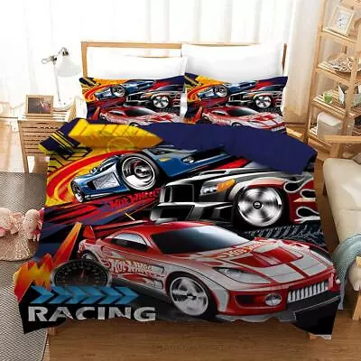 Hot Wheels Racing Cars Quilt Duvet Cover Set Bed Linen California King Bedding • $67.99