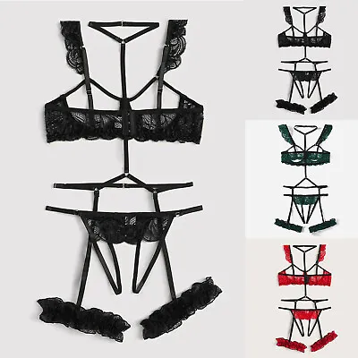 Women Sexy Lingerie Lace Babydoll Bra G-String Garter Underwear Set Sleepwear • £7.13