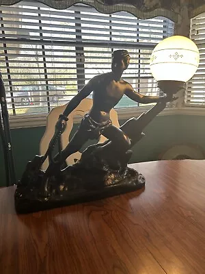 Art Deco Black Figural Table Lamp Of Man With Rope And Globe Torch Nude • $325