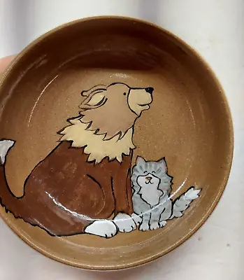 $24.95 • Buy Hand Made Studio Pottery Pet Food/Water Bowl, Painted Dog & Cat, Glazed, Signed