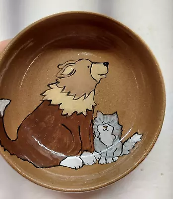$24.95 • Buy Hand Made Studio Pottery Pet Food/Water Bowl, Painted Dog & Cat, Glazed, Signed