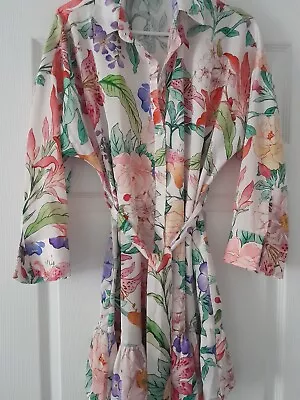 Zara Floral Short Tie Waist Silk Shirt Dress Size M  • $29.60