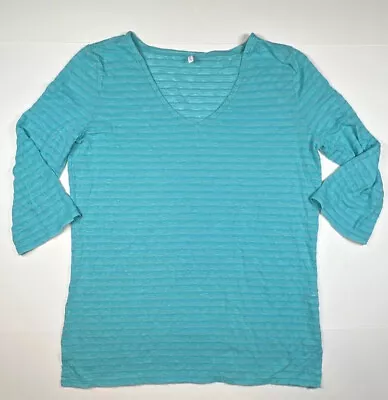 Eco Swim Brand Womans 3/4 Sleeve Top T-shirt Size Large Striped Aqua Blue • $17.95