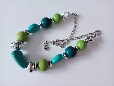 Marks And Spencer M&S Silver Tone Green Blue Beaded Necklace • £6.99