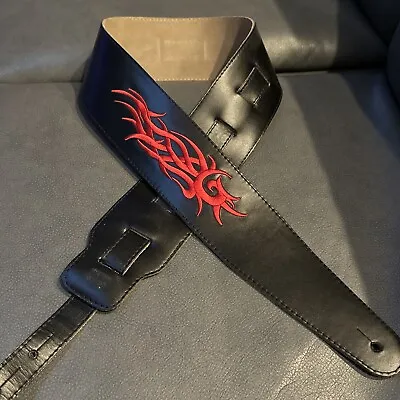 Leather Guitar Strap With Red Tribal Embroidery - Black 3’ Wide • $29