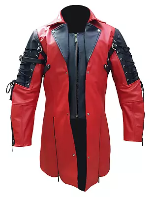 Mens Trench Style Coat Faux Leather Steampunk Goth Black & Red Coat Van Helsing • $64.99