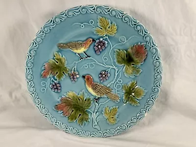 Majolica Bird & Grape Pattern 9-1/4” Turquoise Plate By Zell Germany #230 Vintag • $40