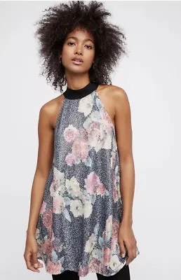 NEW FREE PEOPLE Sz XS SEQUIN FLORAL POW WOW PRINTED MINI SLIP DRESS TUNIC • $51.48