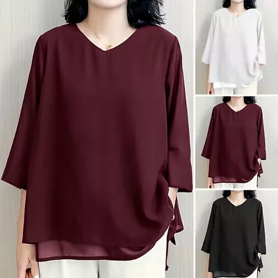 ZANZEA Women V Neck 3/4 Sleeve Solid Layer Tops Casual Loose T Shirt Blouse Plus • $28.82