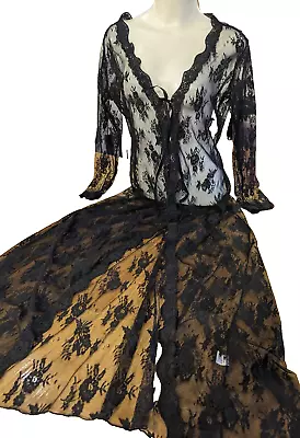Sexy Lingerie Long Lace Robe Sheer Kimono Duster M L XL Negligee Black Dressing • £14.59