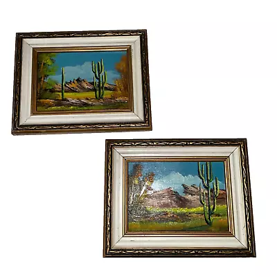 Pair Set Of PAINTINGS Landscape Desert Vintage 70s Hand Painted Original Oil • $132