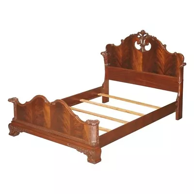 Exquisitely Carved Antique Victorian Circa 1880 Flamed Mahogany Double Bed Frame • $3637.79