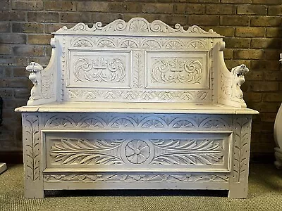 Antique Carved Settle Bench With Storage. • £1650