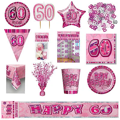 Glitz Pink 60th Birthday Party Tableware Decoration Plates Banners Candle Age 60 • £1.49