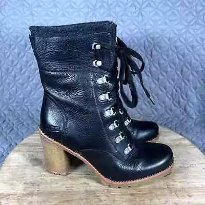 Ugg Boots Women's 10 Fabrice Black Leather Heeled High Calf Lace Up • $49.50