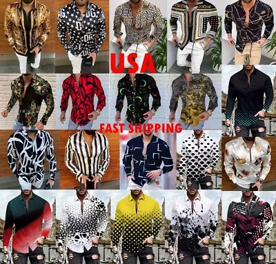 Button Up Shirt Men Baroque Fashion Casual Party Long Sleeve Tee Classic Dress T • $29.86