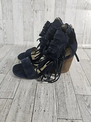 Free People Navy Blue Suede Matiko Morgan Block Heel Sandal Fringe BOHO Shoes 36 • $61.75