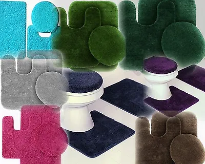 3pc #6 Banded Bathroom Set Bath Mat Countour Rug Lid Cover Plain Solid Colors  • $18.49