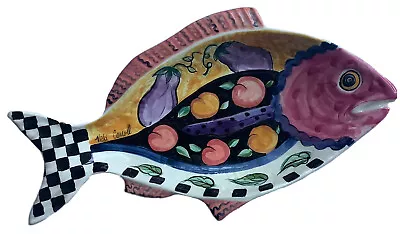 Vicki Carroll Fish Platter Majolica Hand Painted Checker Fruit Signed 1995 • $45